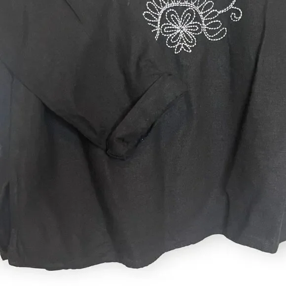 Susan Graver Style Embroidered Blouse Top Women's Medium Black Linen Blend Boho - Picture 7 of 7